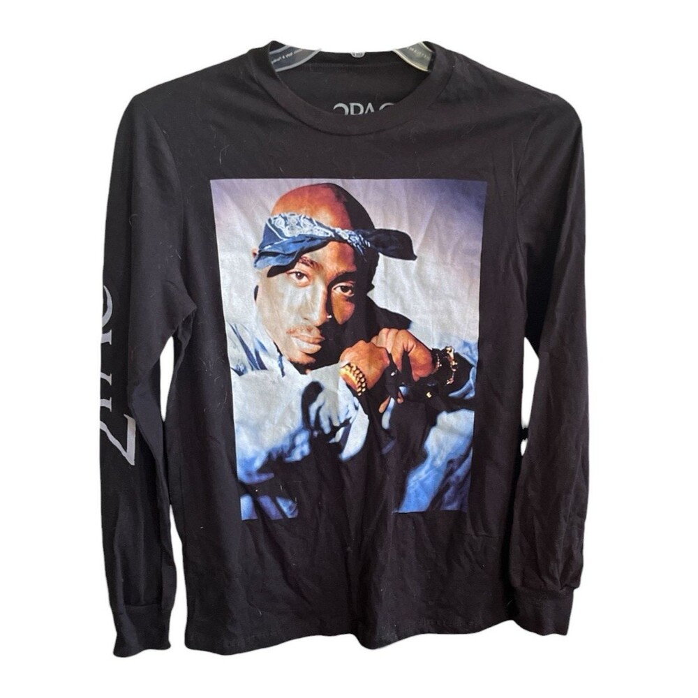 2Pac Mens T-Shirt Black Long Sleeve Rap Hip Hop Graphic Tupac Shakur Size Large